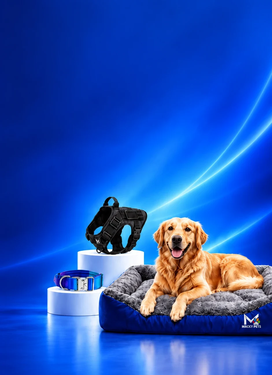 Golden retriever echado en una cama Mackypets azul, junto a una pechera táctica negra y un collar azul sobre podios blancos