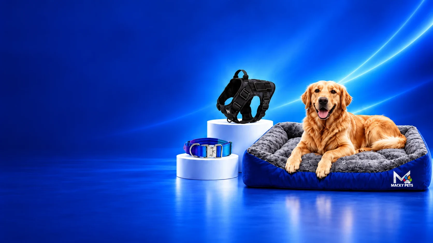 Golden retriever echado en una cama Mackypets azul, junto a una pechera táctica negra y un collar azul sobre podios blancos